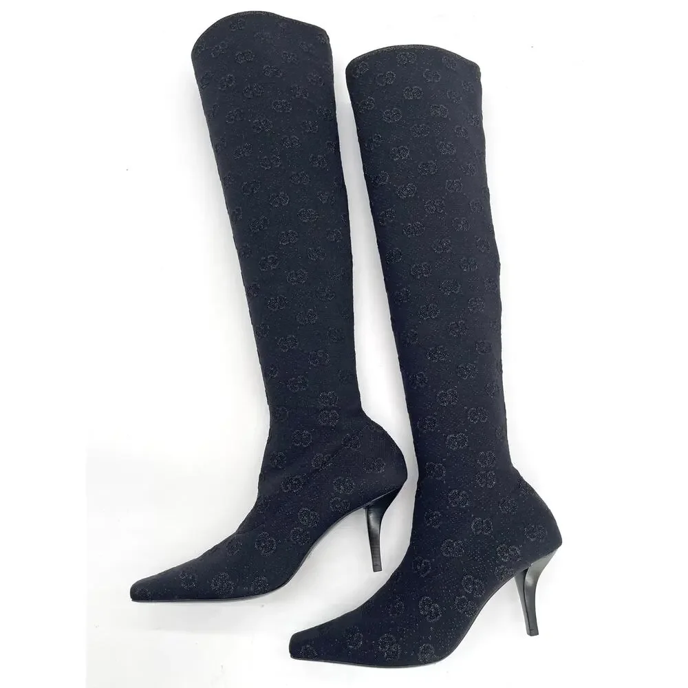 Gucci Demi Black GG Logo Metallic Stretch Knit Over-the-Knee Sock Boots IT 39.5